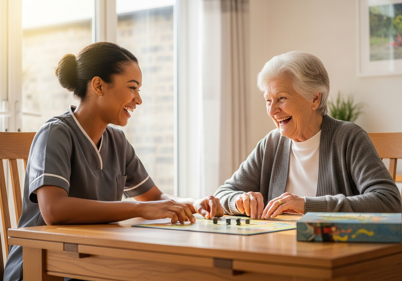 Companionship carer and client enjoying a shared activity together